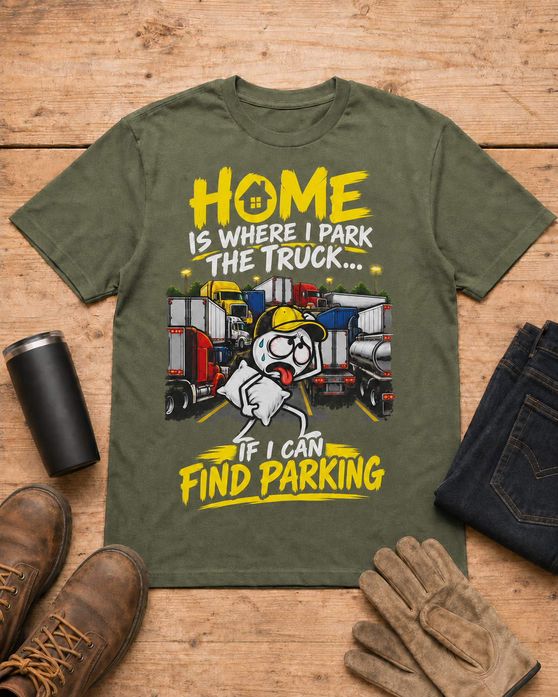 Home Is Where I Park the Truck… If I Can Find Parking | Funny Truck Driver T-Shirt in Military Green workbench flat lay