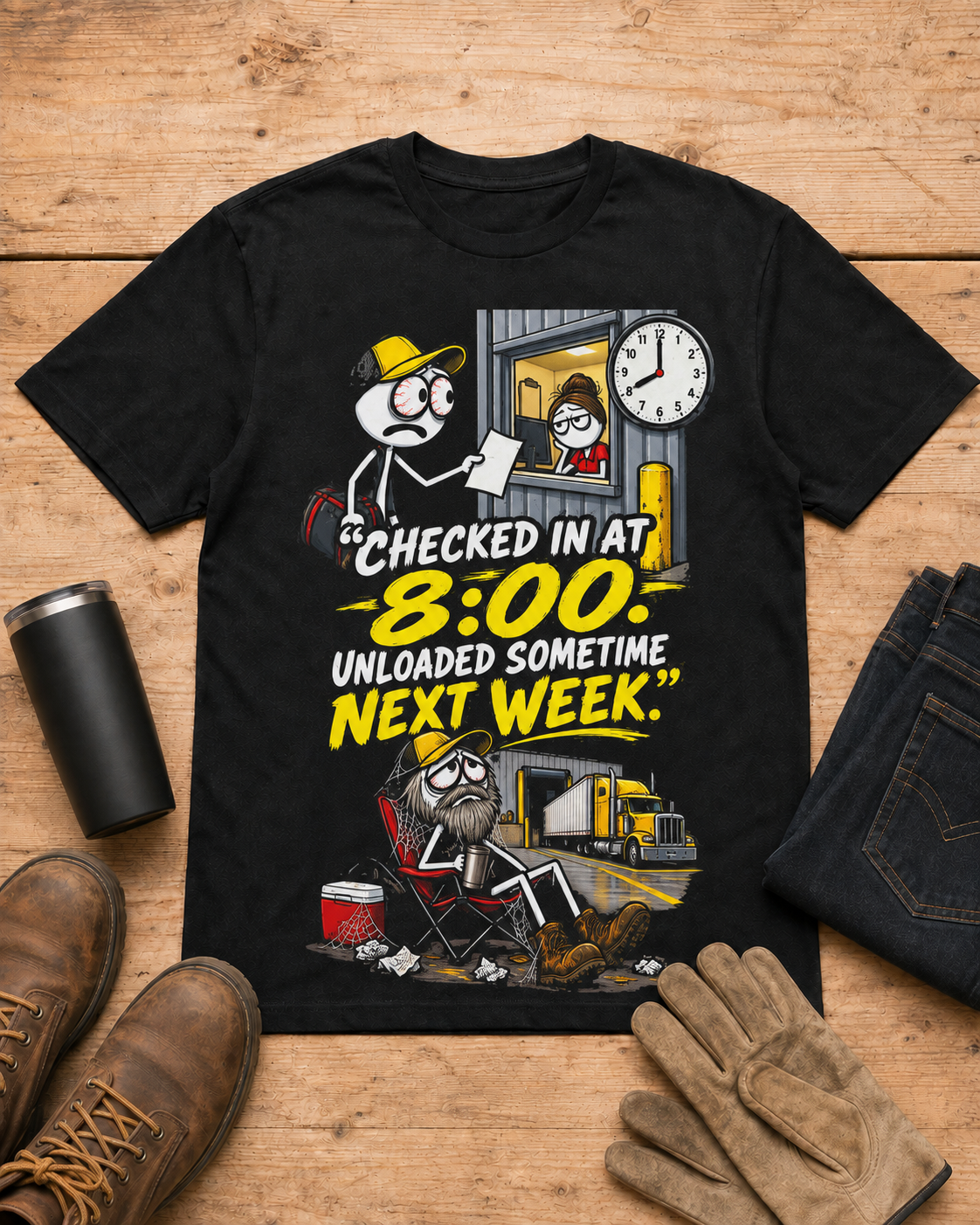 Checked In at 8:00. Unloaded Sometime Next Week. | Funny Truck Driver T-Shirt in Black workbench flat lay
