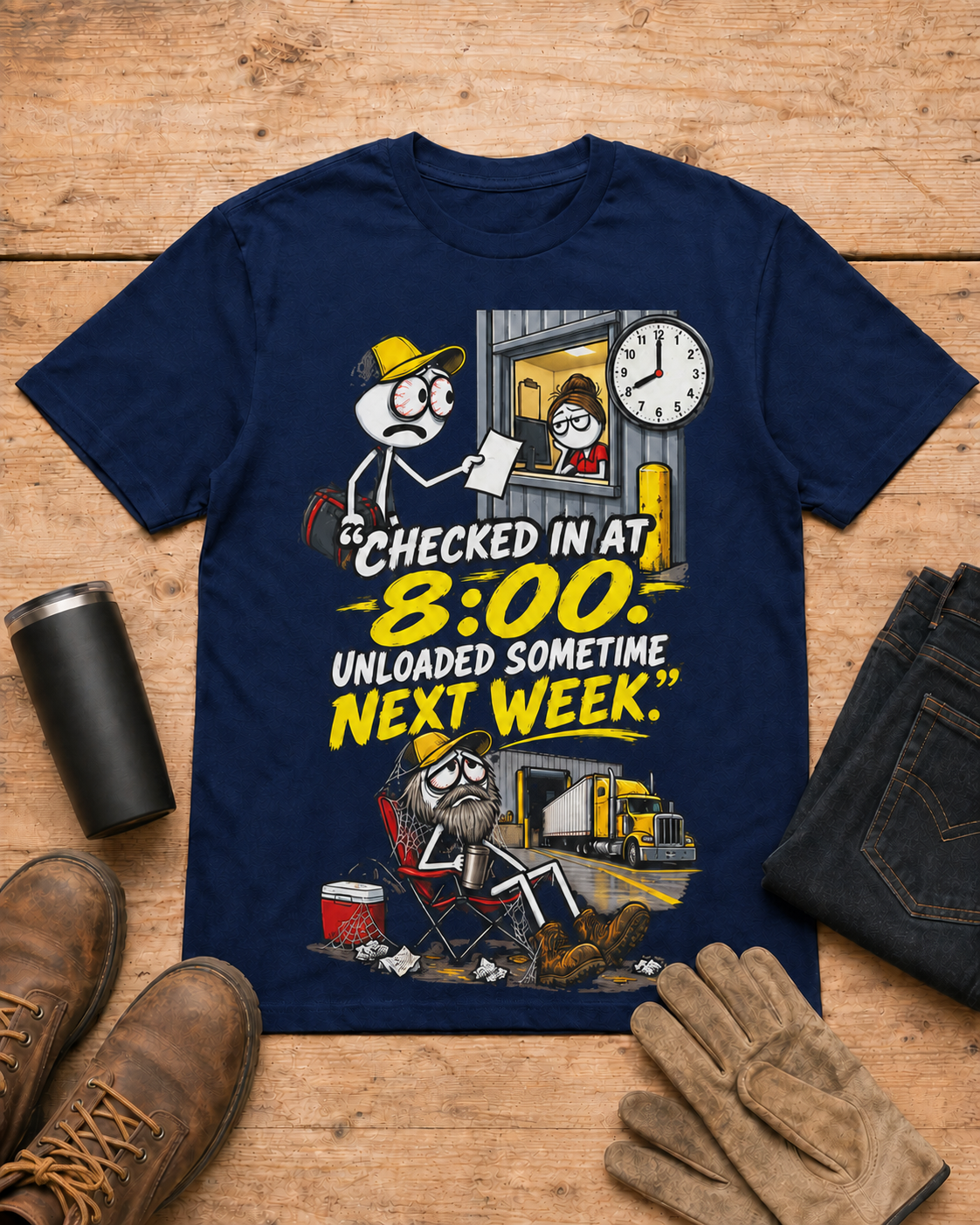 Checked In at 8:00. Unloaded Sometime Next Week. | Funny Truck Driver T-Shirt in Navy workbench flat lay