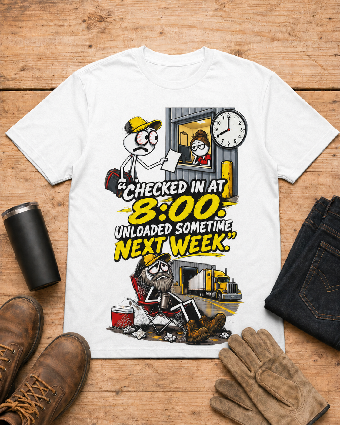 Checked In at 8:00. Unloaded Sometime Next Week. | Funny Truck Driver T-Shirt in White workbench flat lay