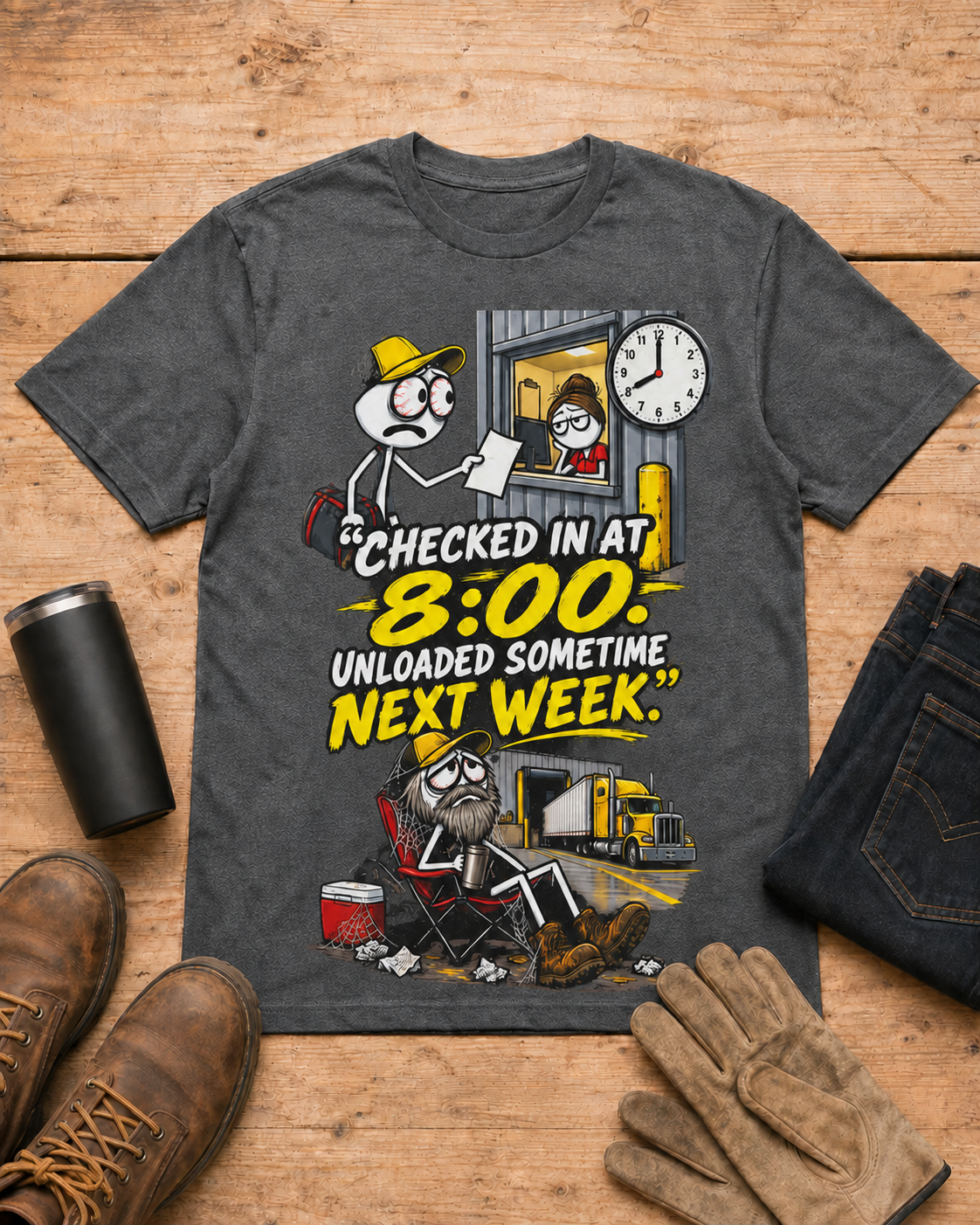 Checked In at 8:00. Unloaded Sometime Next Week. | Funny Truck Driver T-Shirt in Dark Heather workbench flat lay