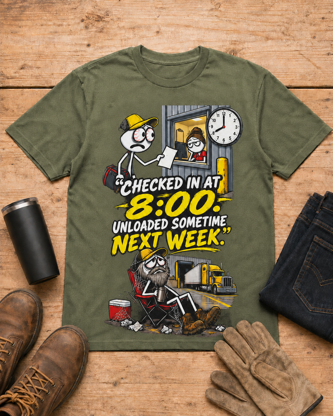 Checked In at 8:00. Unloaded Sometime Next Week. | Funny Truck Driver T-Shirt in Military Green workbench flat lay