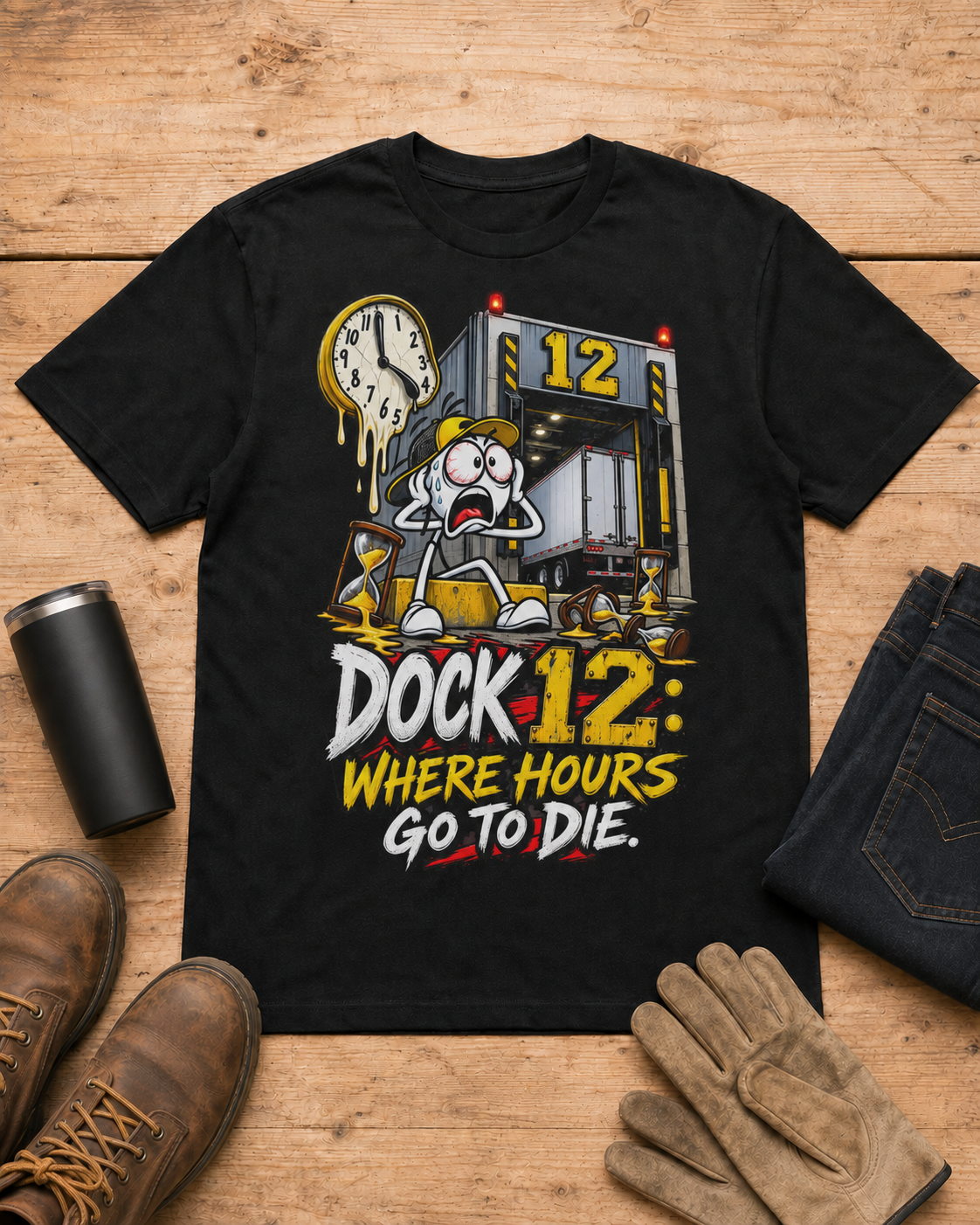 Dock 12: Where Hours Go to Die | Funny Truck Driver T-Shirt in Black workbench flat lay