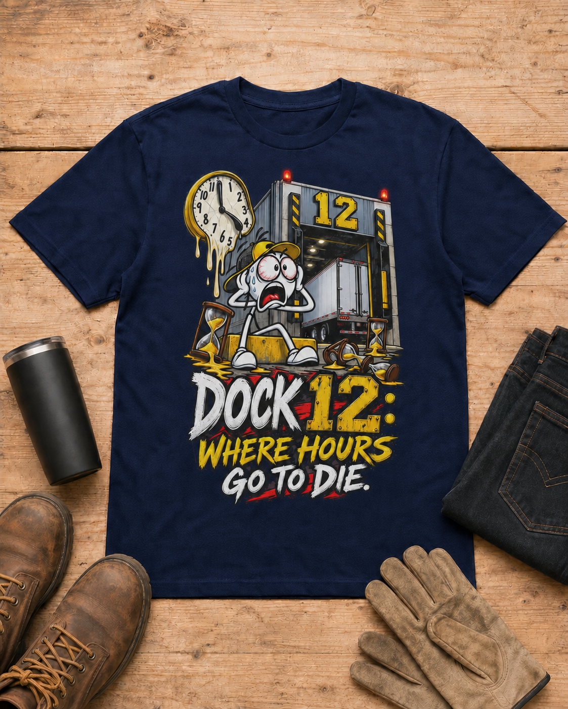 Dock 12: Where Hours Go to Die | Funny Truck Driver T-Shirt in Navy workbench flat lay