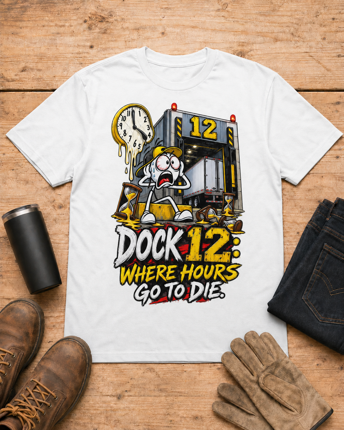 Dock 12: Where Hours Go to Die | Funny Truck Driver T-Shirt in White workbench flat lay