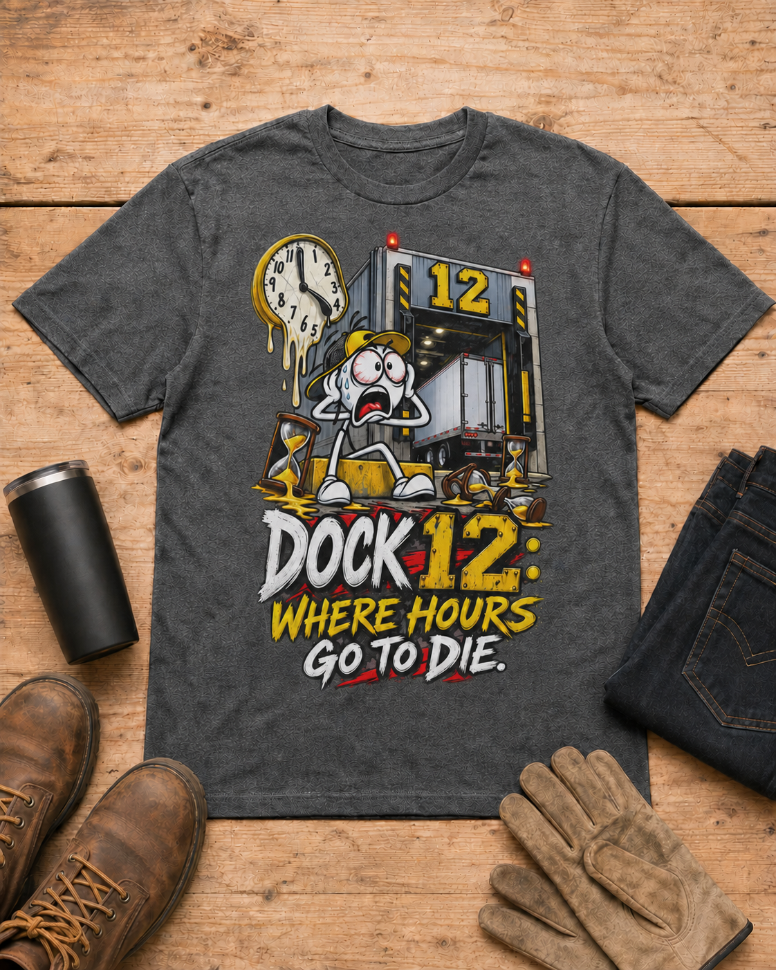 Dock 12: Where Hours Go to Die | Funny Truck Driver T-Shirt in Dark Heather workbench flat lay