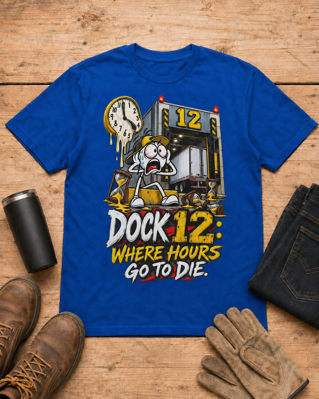 Dock 12: Where Hours Go to Die | Funny Truck Driver T-Shirt in Royal Blue workbench flat lay