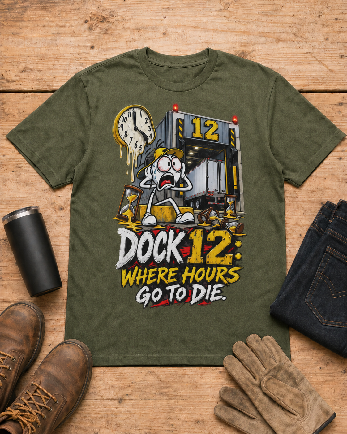 Dock 12: Where Hours Go to Die | Funny Truck Driver T-Shirt in Military Green workbench flat lay