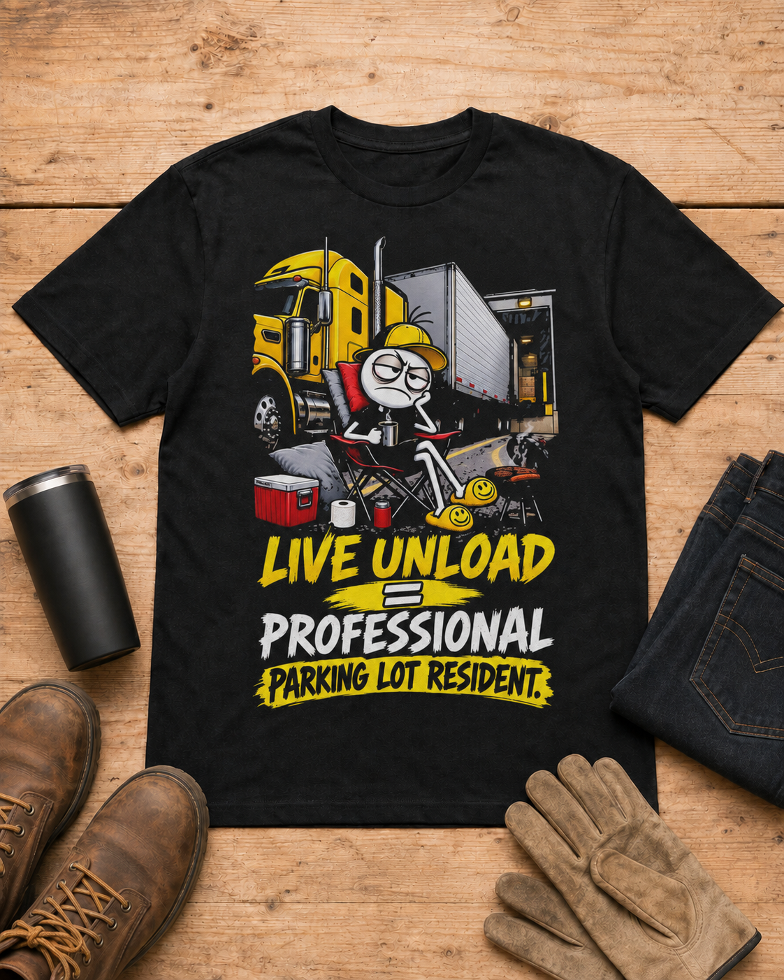Live Unload = Professional Parking Lot Resident | Funny Truck Driver T-Shirt in Black workbench flat lay