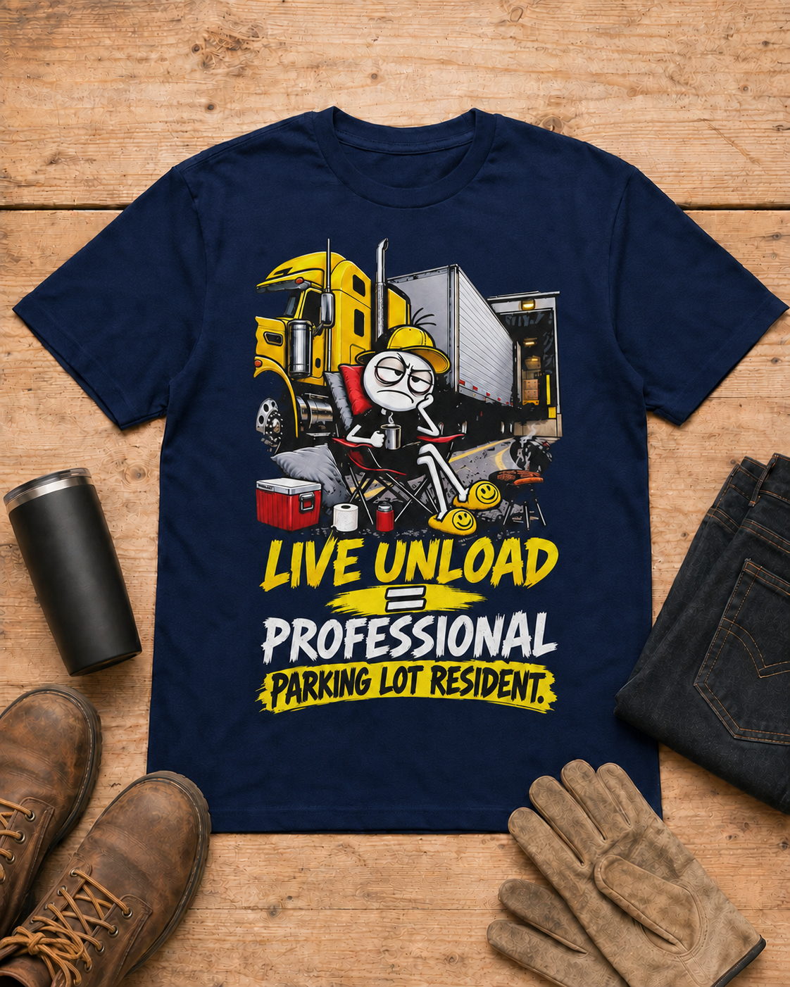 Live Unload = Professional Parking Lot Resident | Funny Truck Driver T-Shirt in Navy workbench flat lay