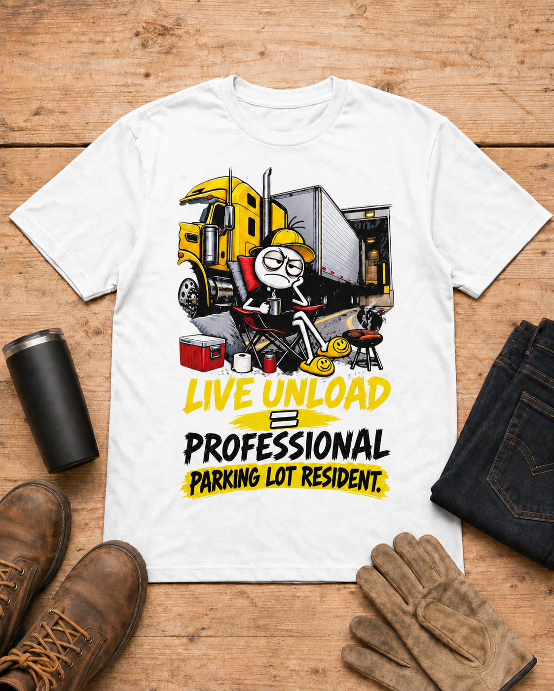 Live Unload = Professional Parking Lot Resident | Funny Truck Driver T-Shirt in White workbench flat lay