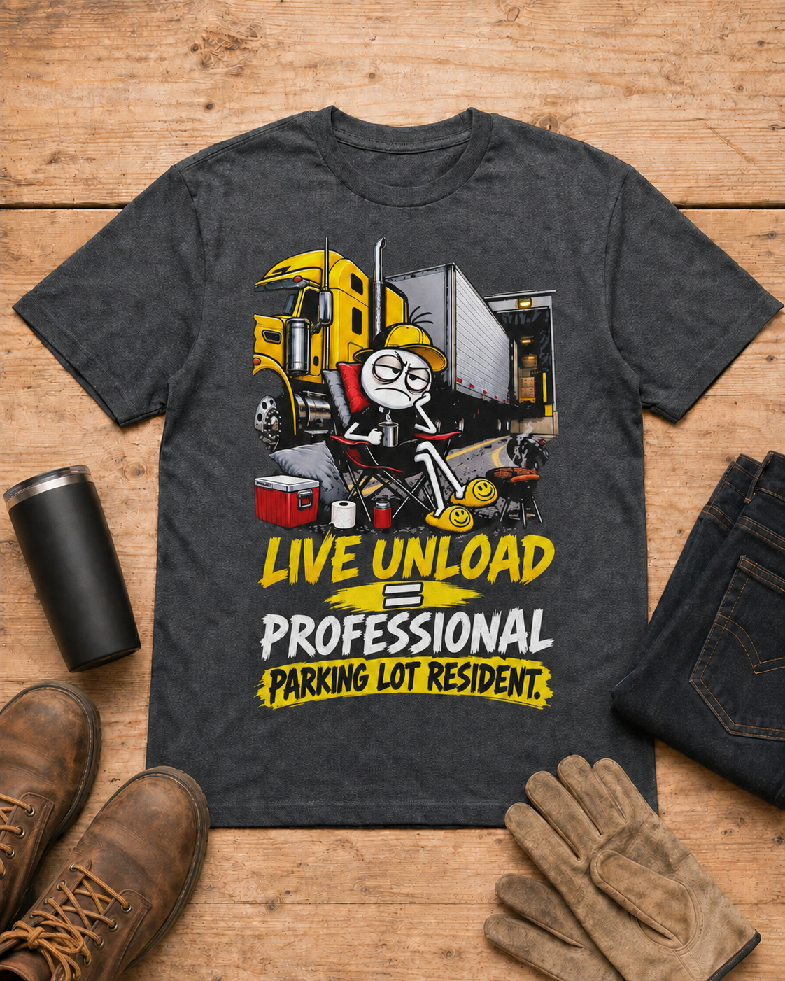 Live Unload = Professional Parking Lot Resident | Funny Truck Driver T-Shirt in Dark Heather workbench flat lay