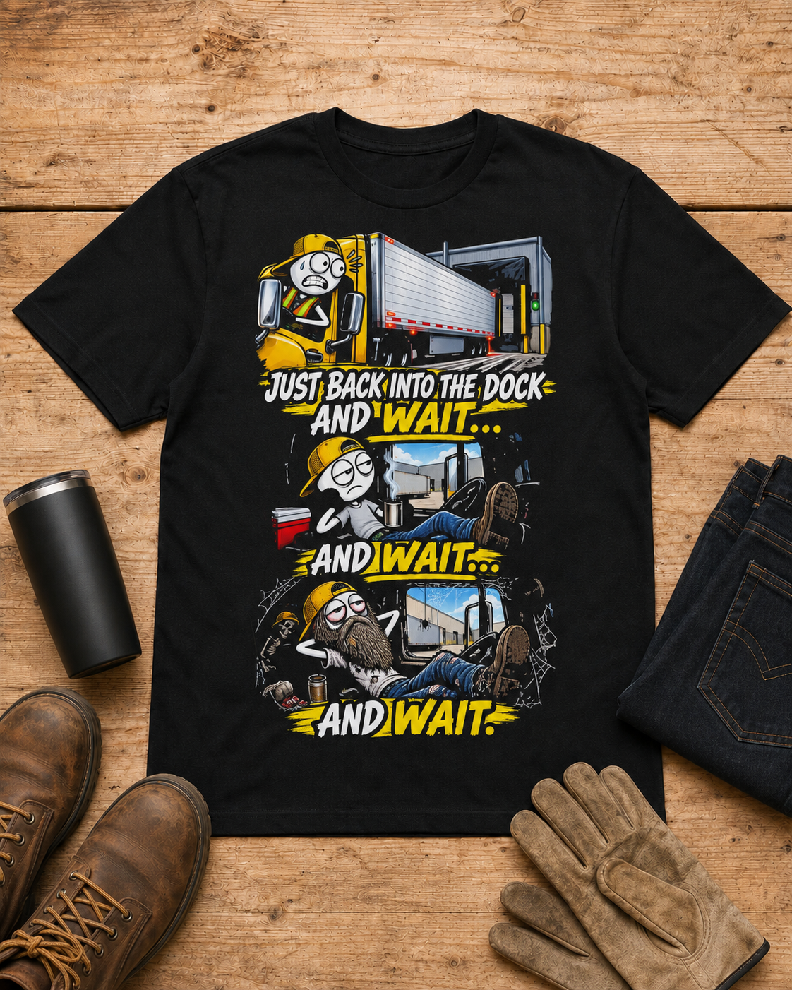 Just Back Into the Dock and Wait… and Wait… and Wait | Funny Truck Driver T-Shirt in Black workbench flat lay