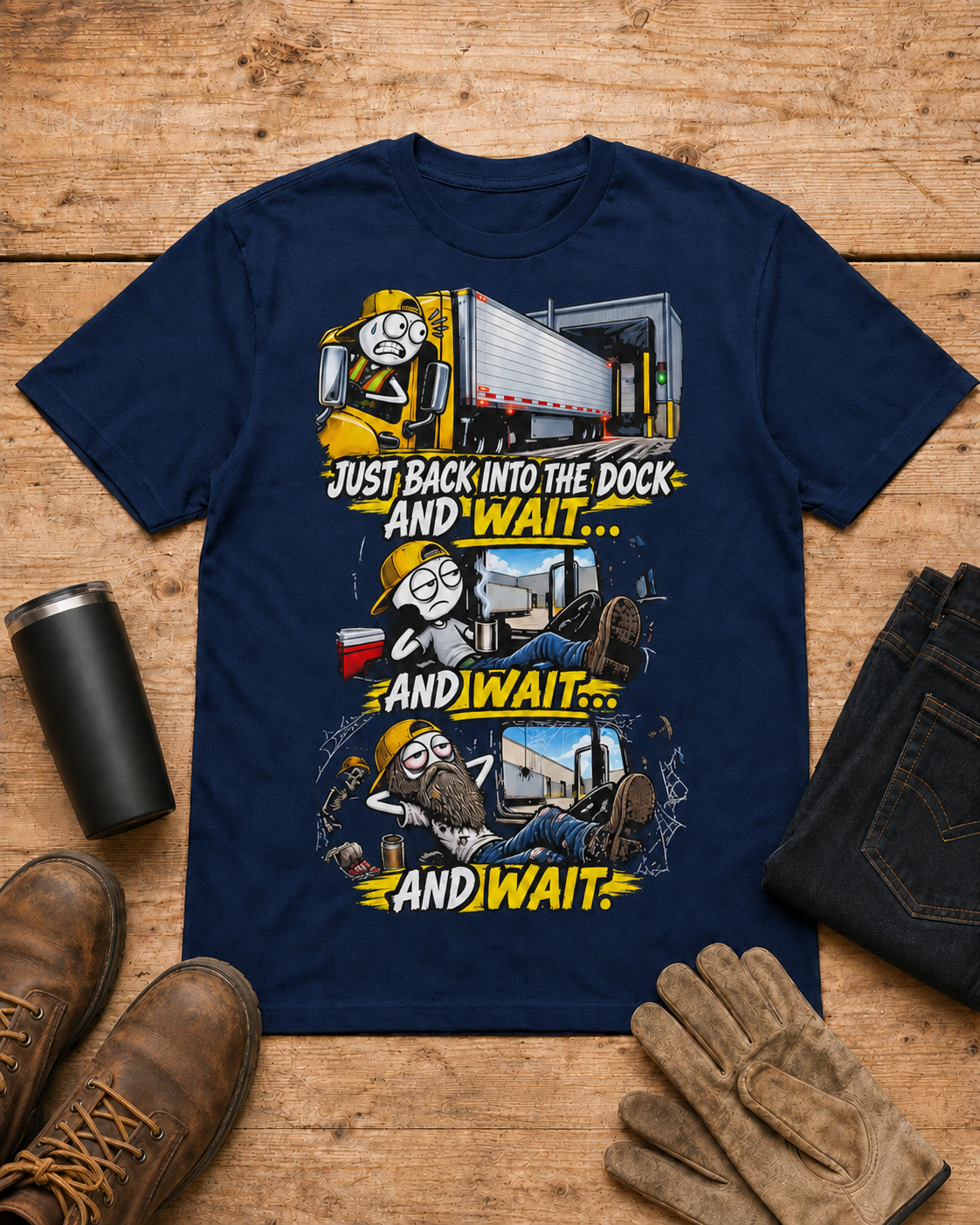 Just Back Into the Dock and Wait… and Wait… and Wait | Funny Truck Driver T-Shirt in Navy workbench flat lay
