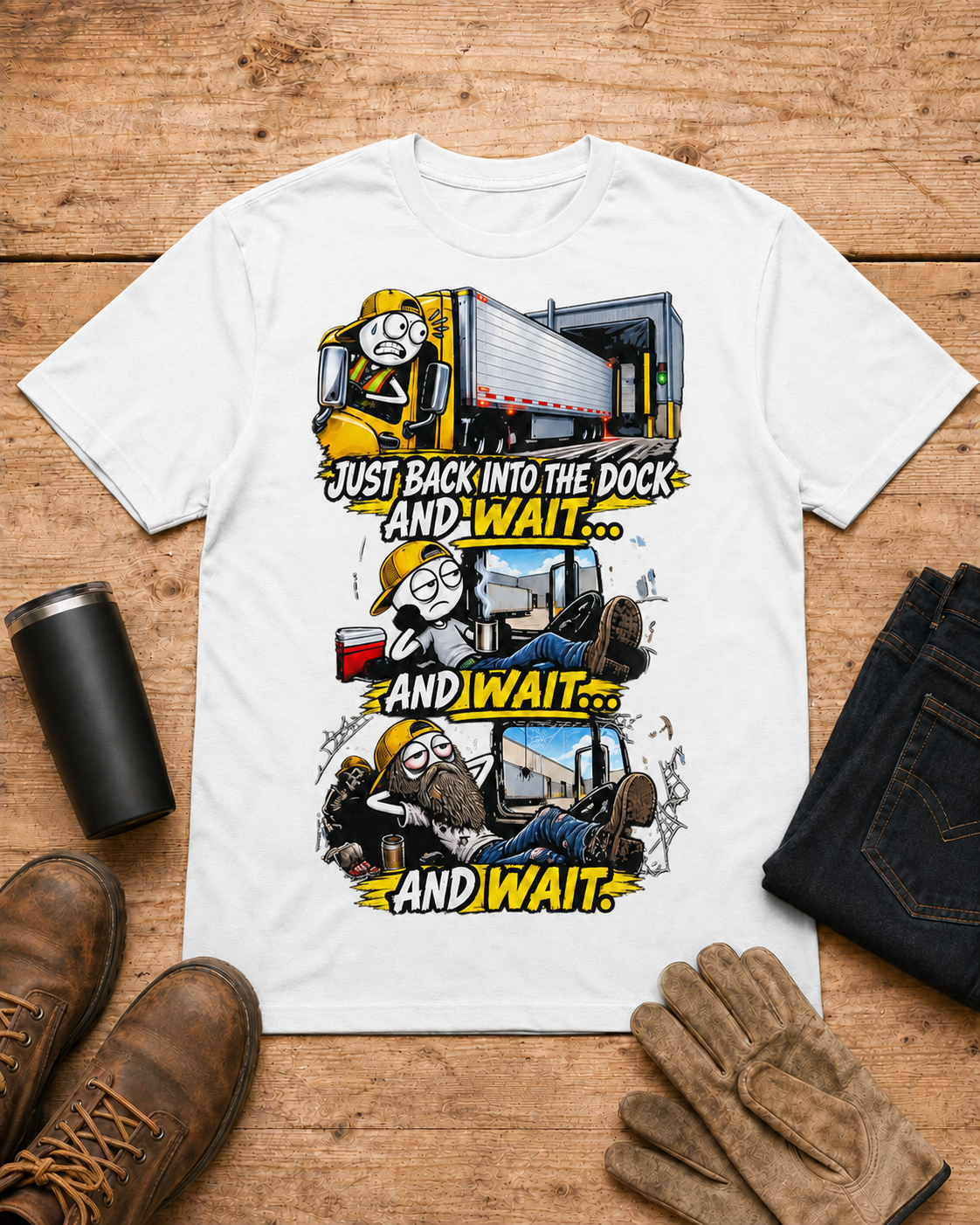 Just Back Into the Dock and Wait… and Wait… and Wait | Funny Truck Driver T-Shirt in White workbench flat lay