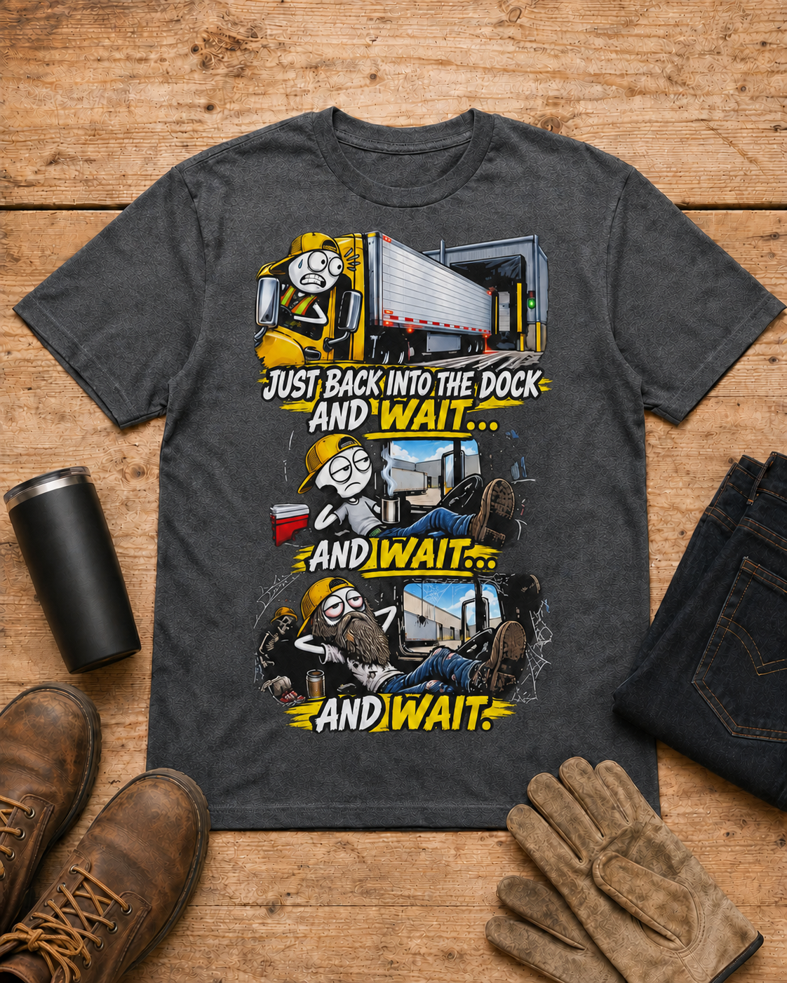 Just Back Into the Dock and Wait… and Wait… and Wait | Funny Truck Driver T-Shirt in Dark Heather workbench flat lay