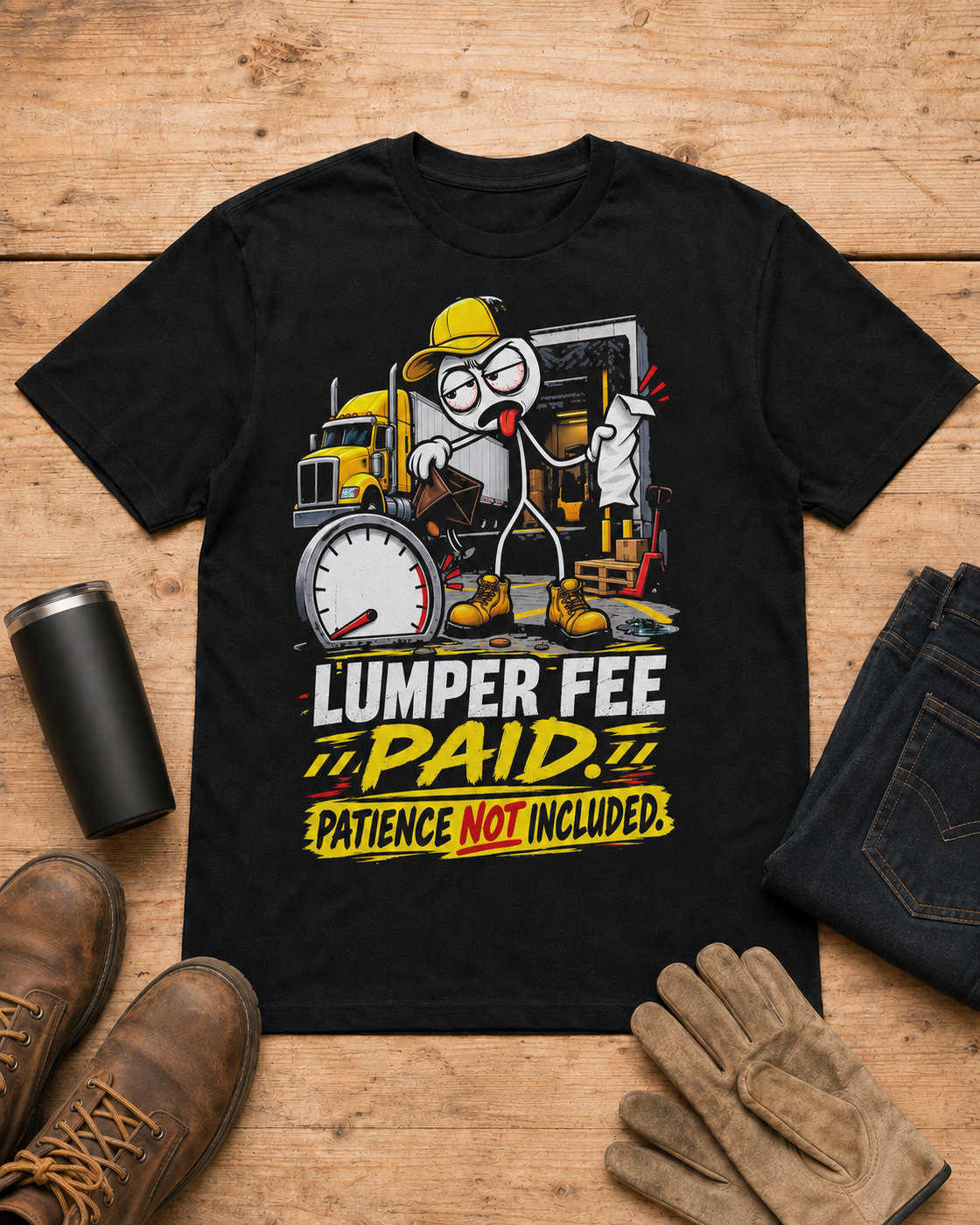 Lumper Fee Paid—Patience Not Included | Funny Truck Driver T-Shirt in Black workbench flat lay