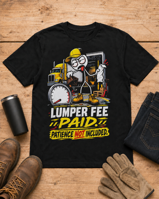 Lumper Fee Paid—Patience Not Included | Funny Truck Driver T-Shirt in Black workbench flat lay