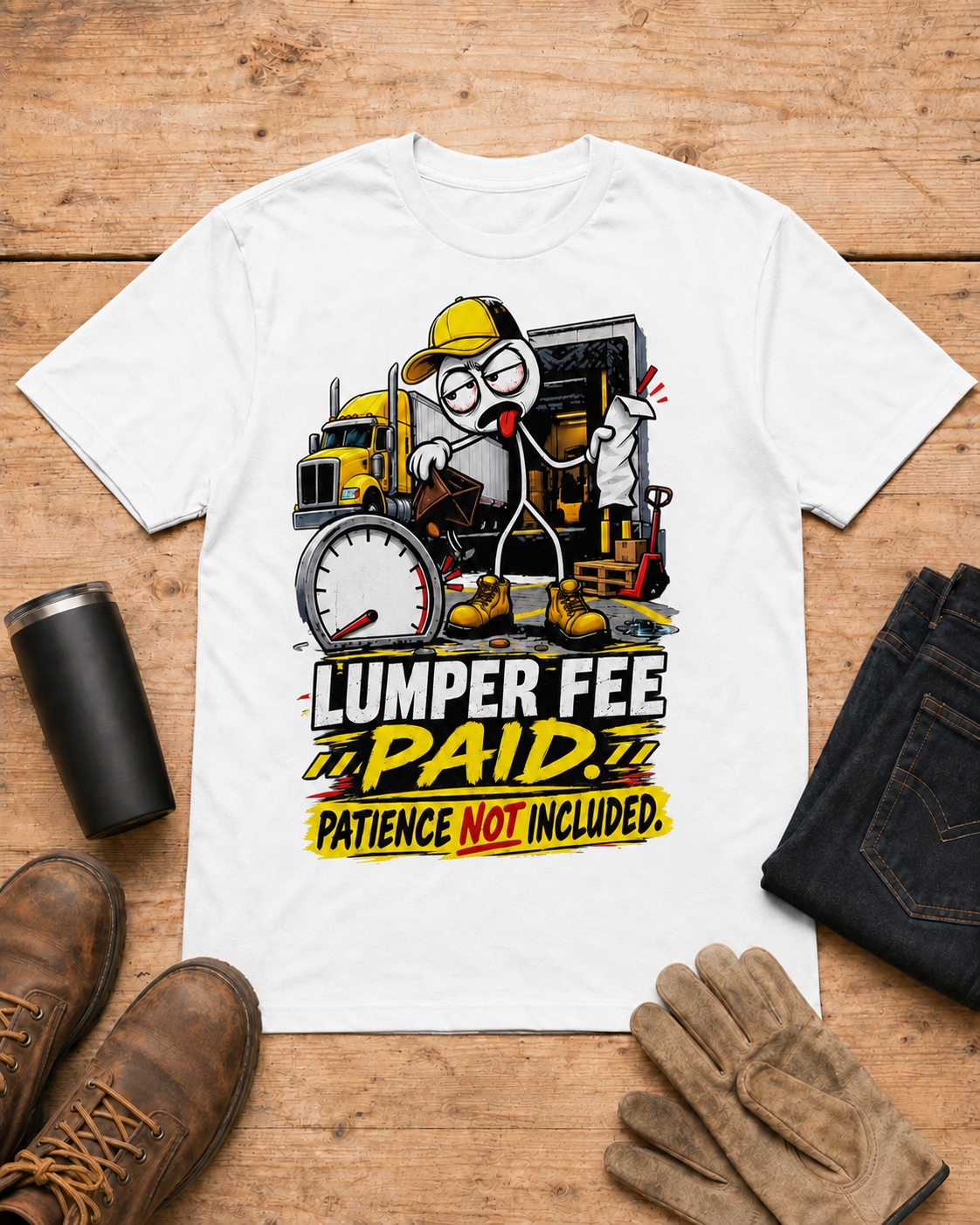 Lumper Fee Paid—Patience Not Included | Funny Truck Driver T-Shirt in White workbench flat lay