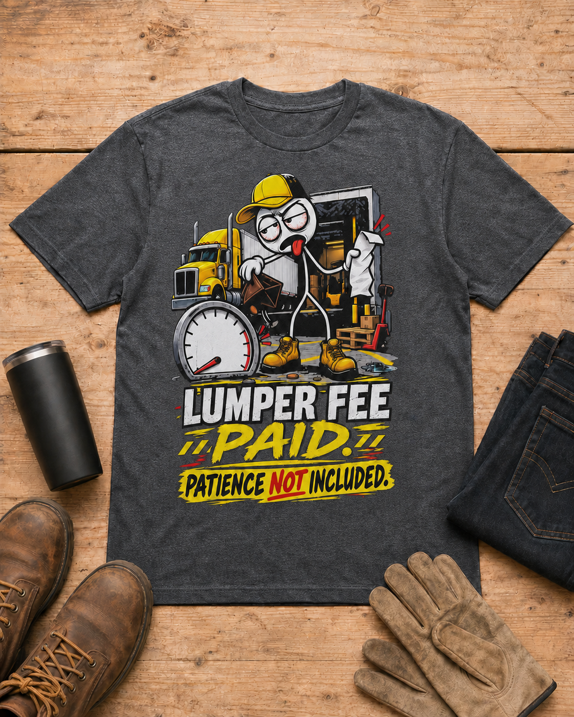 Lumper Fee Paid—Patience Not Included | Funny Truck Driver T-Shirt in Dark Heather workbench flat lay