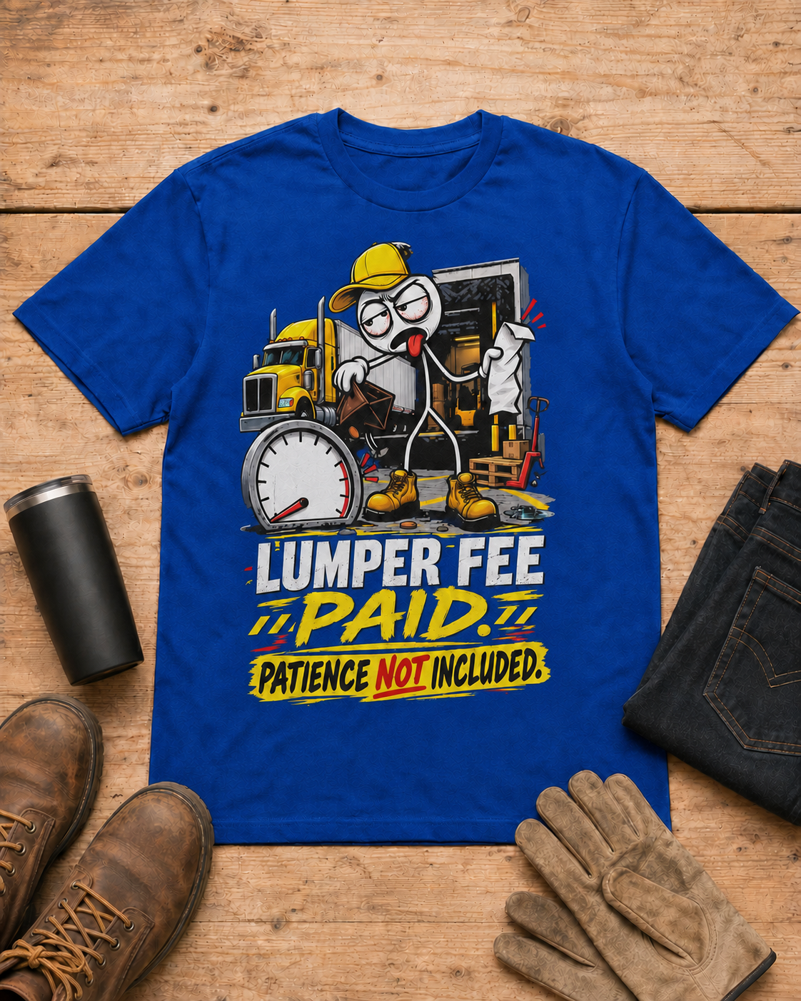 Lumper Fee Paid—Patience Not Included | Funny Truck Driver T-Shirt in Royal Blue workbench flat lay