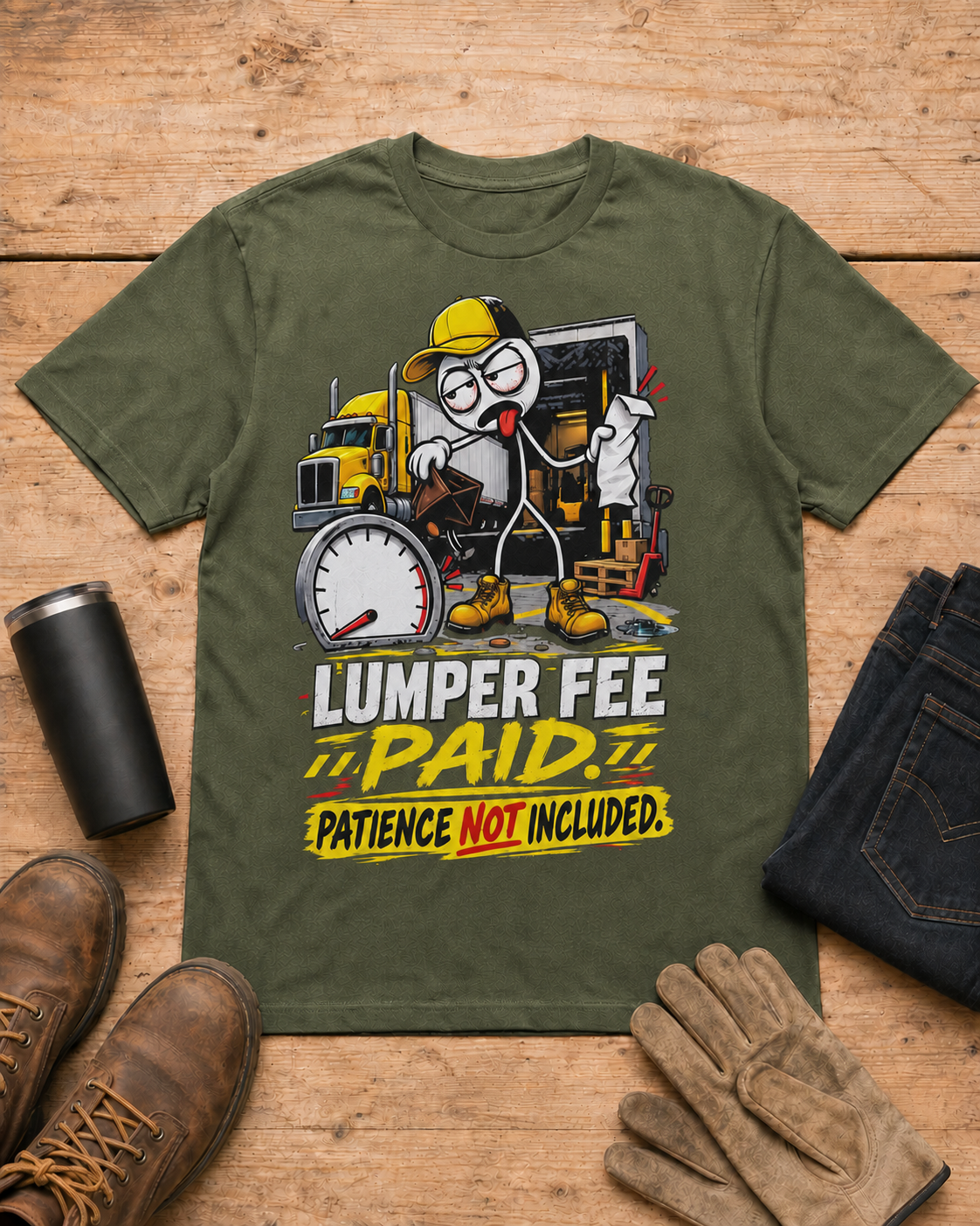 Lumper Fee Paid—Patience Not Included | Funny Truck Driver T-Shirt in Military Green workbench flat lay