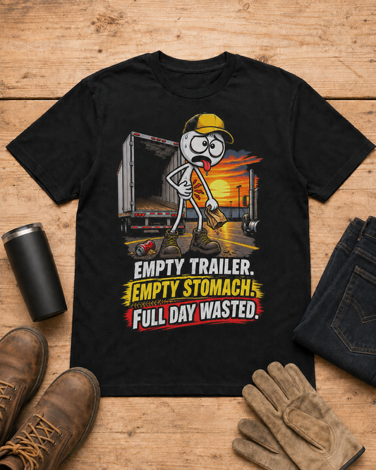 Empty Trailer. Empty Stomach. Full Day Wasted. | Funny Truck Driver T-Shirt in Black workbench flat lay
