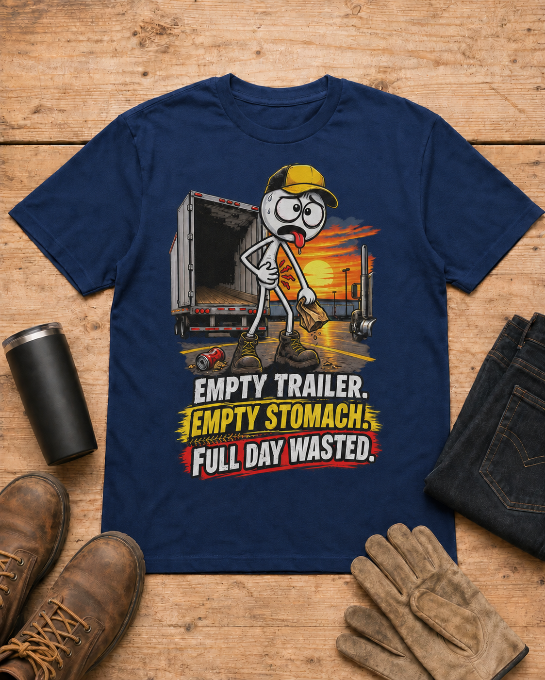 Empty Trailer. Empty Stomach. Full Day Wasted. | Funny Truck Driver T-Shirt in Navy workbench flat lay
