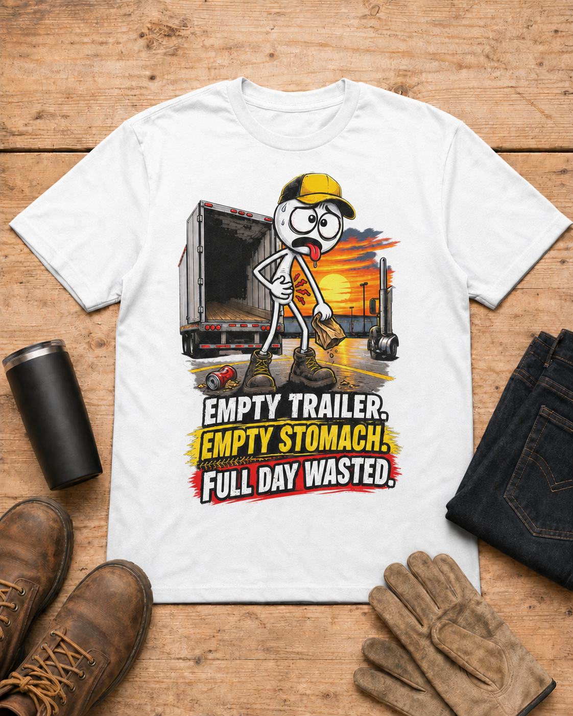 Empty Trailer. Empty Stomach. Full Day Wasted. | Funny Truck Driver T-Shirt in White workbench flat lay