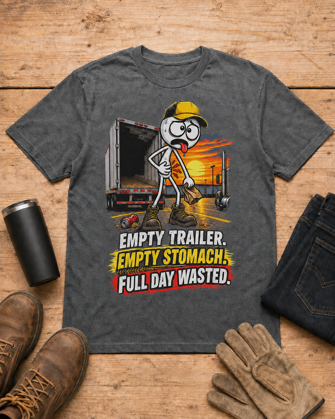 Empty Trailer. Empty Stomach. Full Day Wasted. | Funny Truck Driver T-Shirt in Dark Heather workbench flat lay