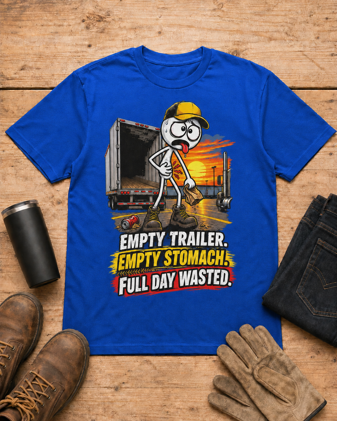 Empty Trailer. Empty Stomach. Full Day Wasted. | Funny Truck Driver T-Shirt in Royal Blue workbench flat lay