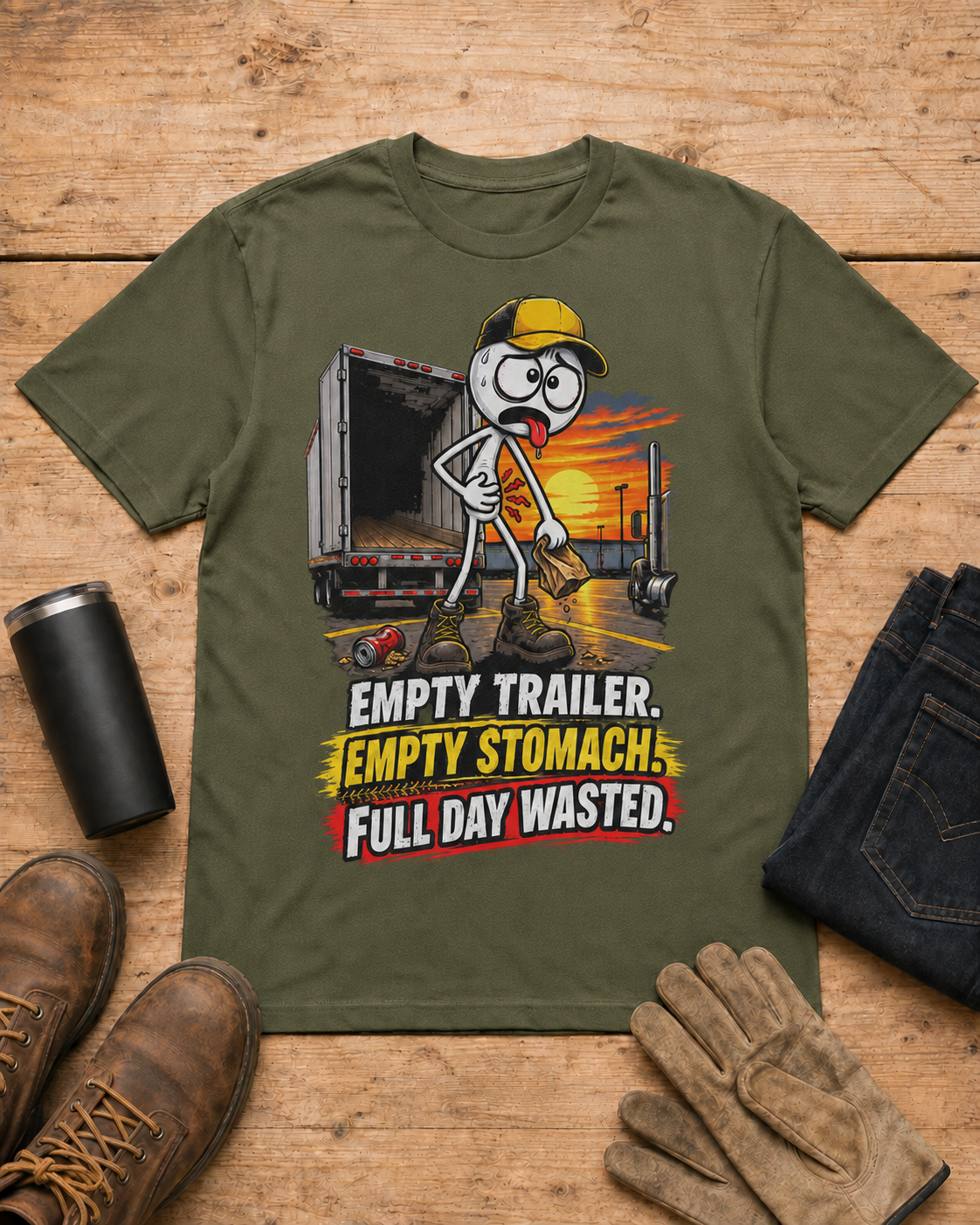 Empty Trailer. Empty Stomach. Full Day Wasted. | Funny Truck Driver T-Shirt in Military Green workbench flat lay