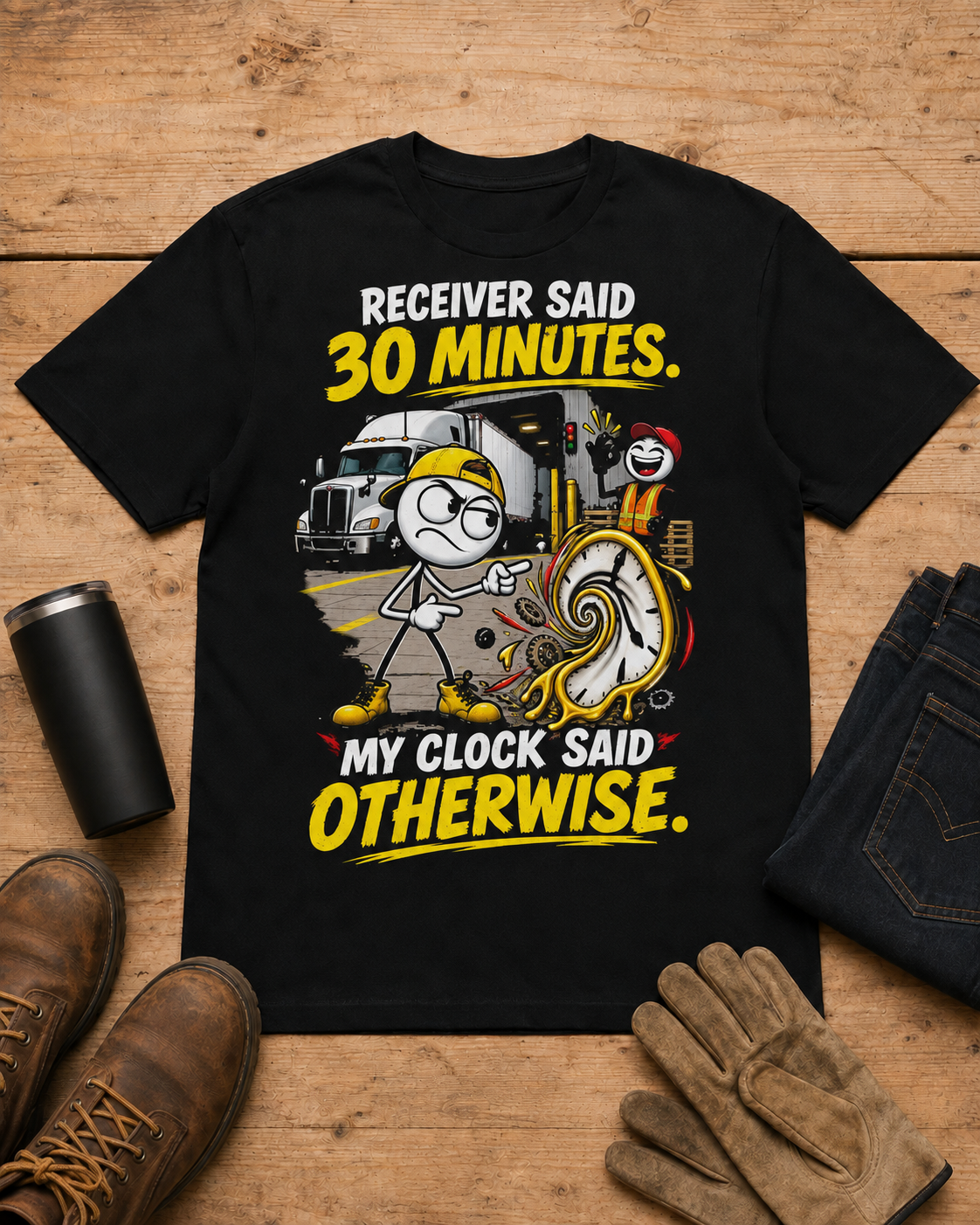 Receiver Said 30 Minutes. My Clock Said Otherwise. | Funny Truck Driver T-Shirt in Black workbench flat lay