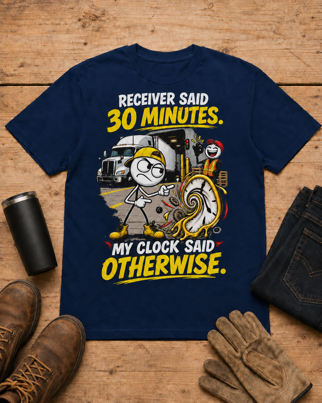Receiver Said 30 Minutes. My Clock Said Otherwise. | Funny Truck Driver T-Shirt in Navy workbench flat lay