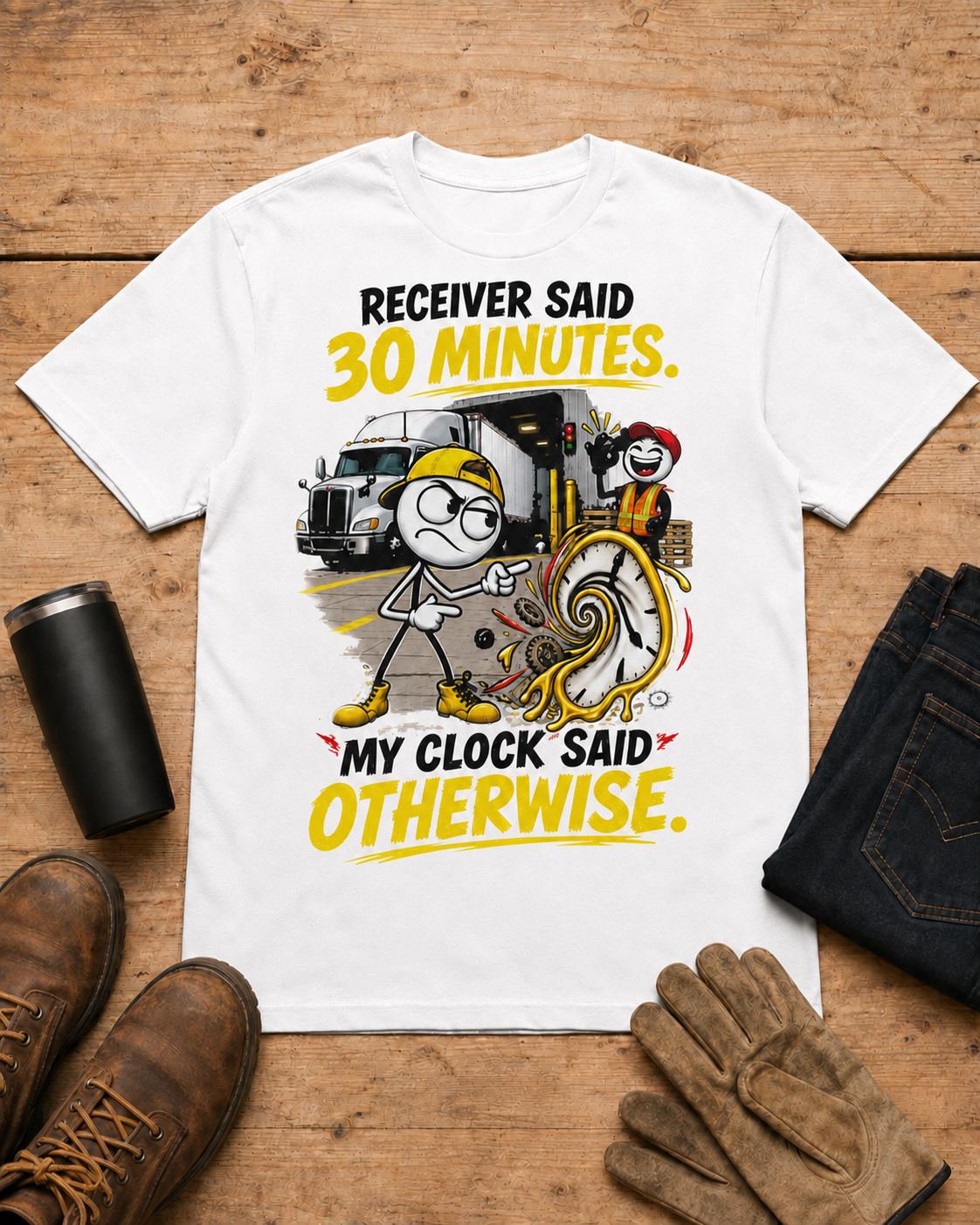Receiver Said 30 Minutes. My Clock Said Otherwise. | Funny Truck Driver T-Shirt in White workbench flat lay