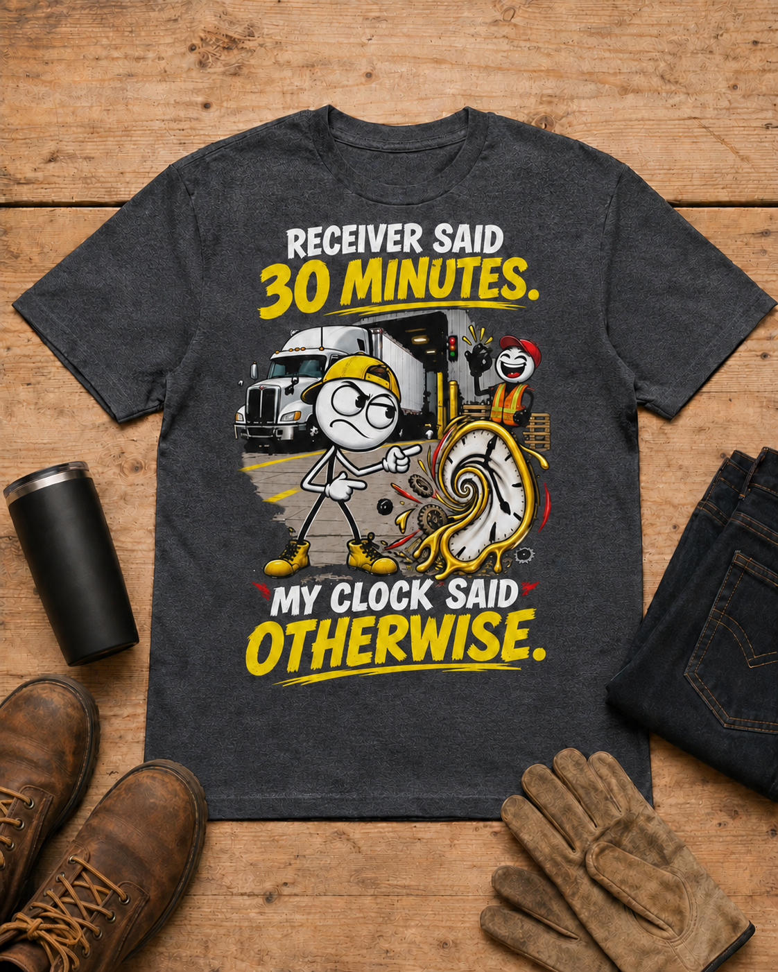 Receiver Said 30 Minutes. My Clock Said Otherwise. | Funny Truck Driver T-Shirt in Dark Heather workbench flat lay