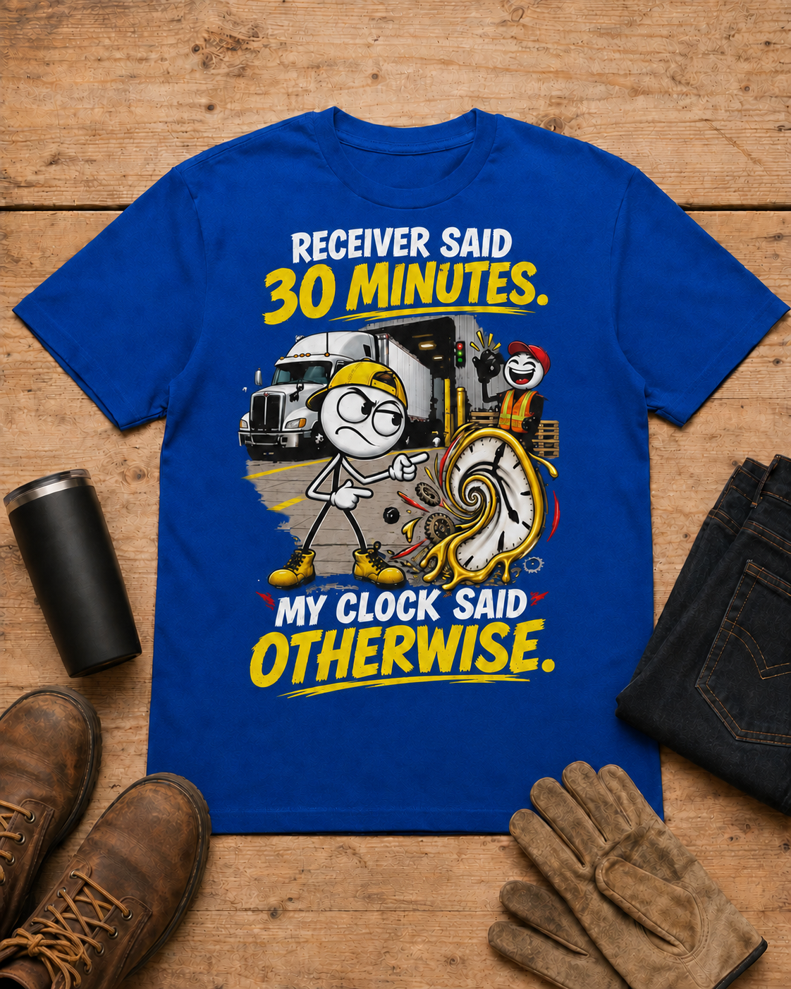 Receiver Said 30 Minutes. My Clock Said Otherwise. | Funny Truck Driver T-Shirt in Royal Blue workbench flat lay
