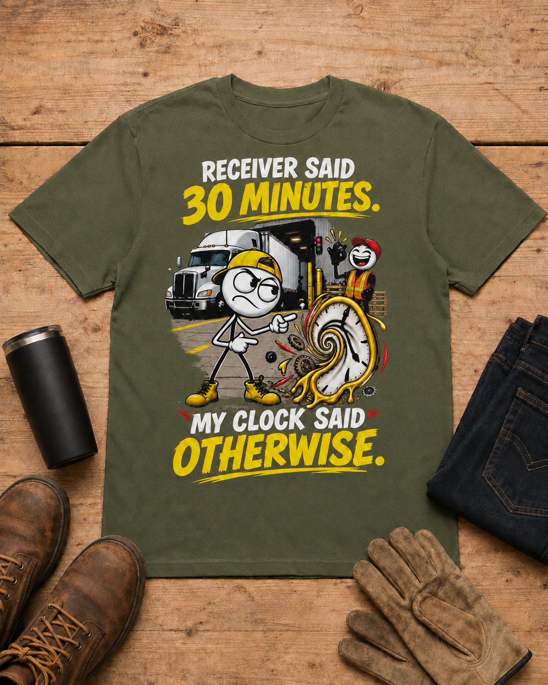 Receiver Said 30 Minutes. My Clock Said Otherwise. | Funny Truck Driver T-Shirt in Military Green workbench flat lay