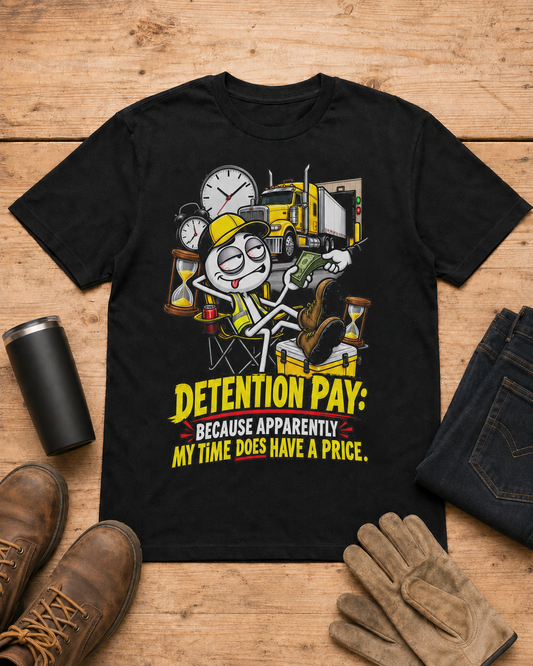 Detention Pay: Because Apparently My Time Does Have a Price | Funny Truck Driver T-Shirt in Black workbench flat lay