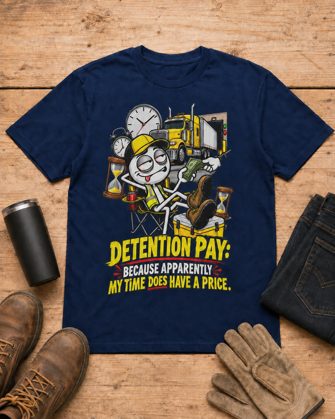 Detention Pay: Because Apparently My Time Does Have a Price | Funny Truck Driver T-Shirt in Navy workbench flat lay