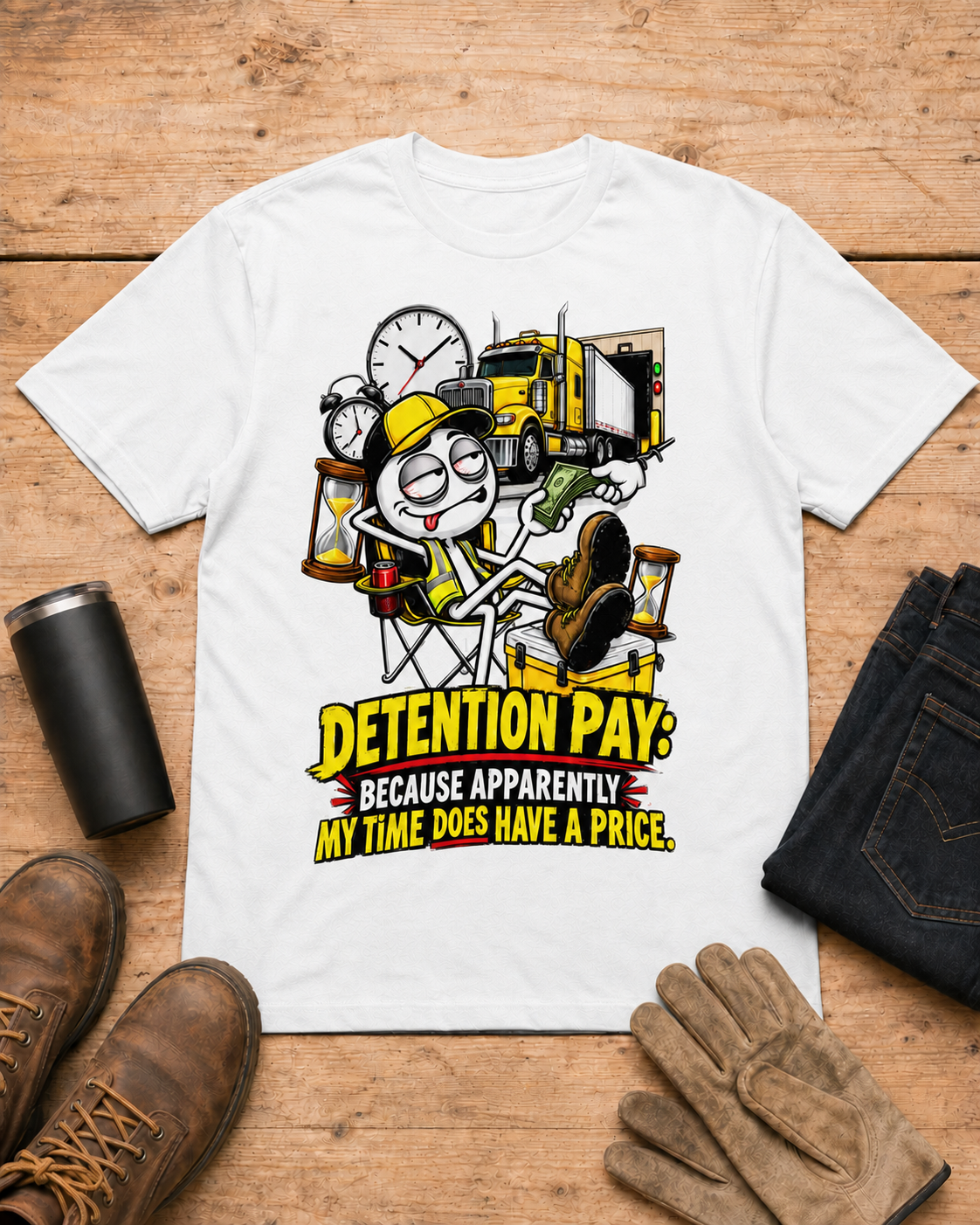 Detention Pay: Because Apparently My Time Does Have a Price | Funny Truck Driver T-Shirt in White workbench flat lay