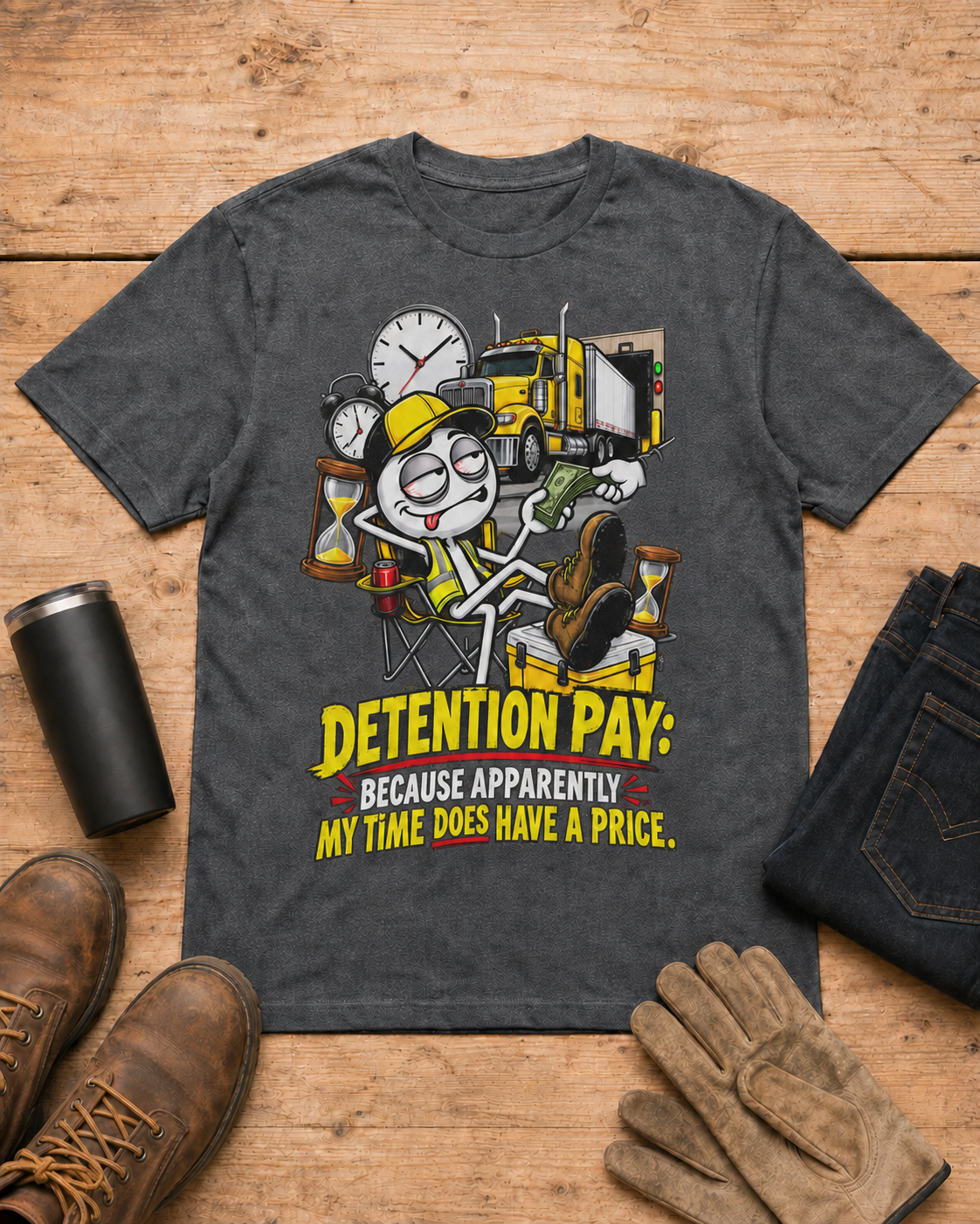 Detention Pay: Because Apparently My Time Does Have a Price | Funny Truck Driver T-Shirt in Dark Heather workbench flat lay