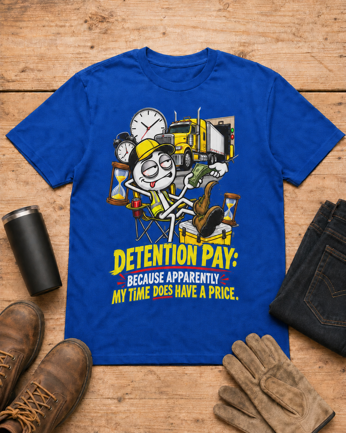 Detention Pay: Because Apparently My Time Does Have a Price | Funny Truck Driver T-Shirt in Royal Blue workbench flat lay