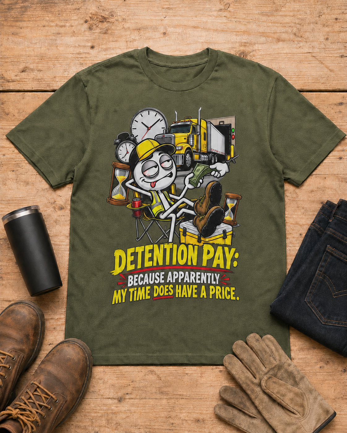 Detention Pay: Because Apparently My Time Does Have a Price | Funny Truck Driver T-Shirt in Military Green workbench flat lay