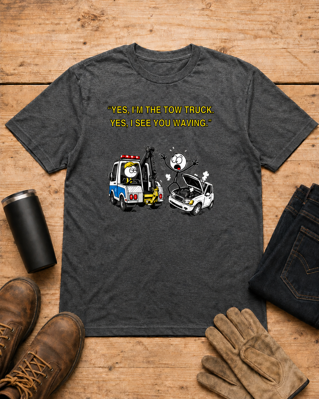 Yes I See You Waving Tow Truck Driver T-Shirt in Dark Heather workbench flat lay