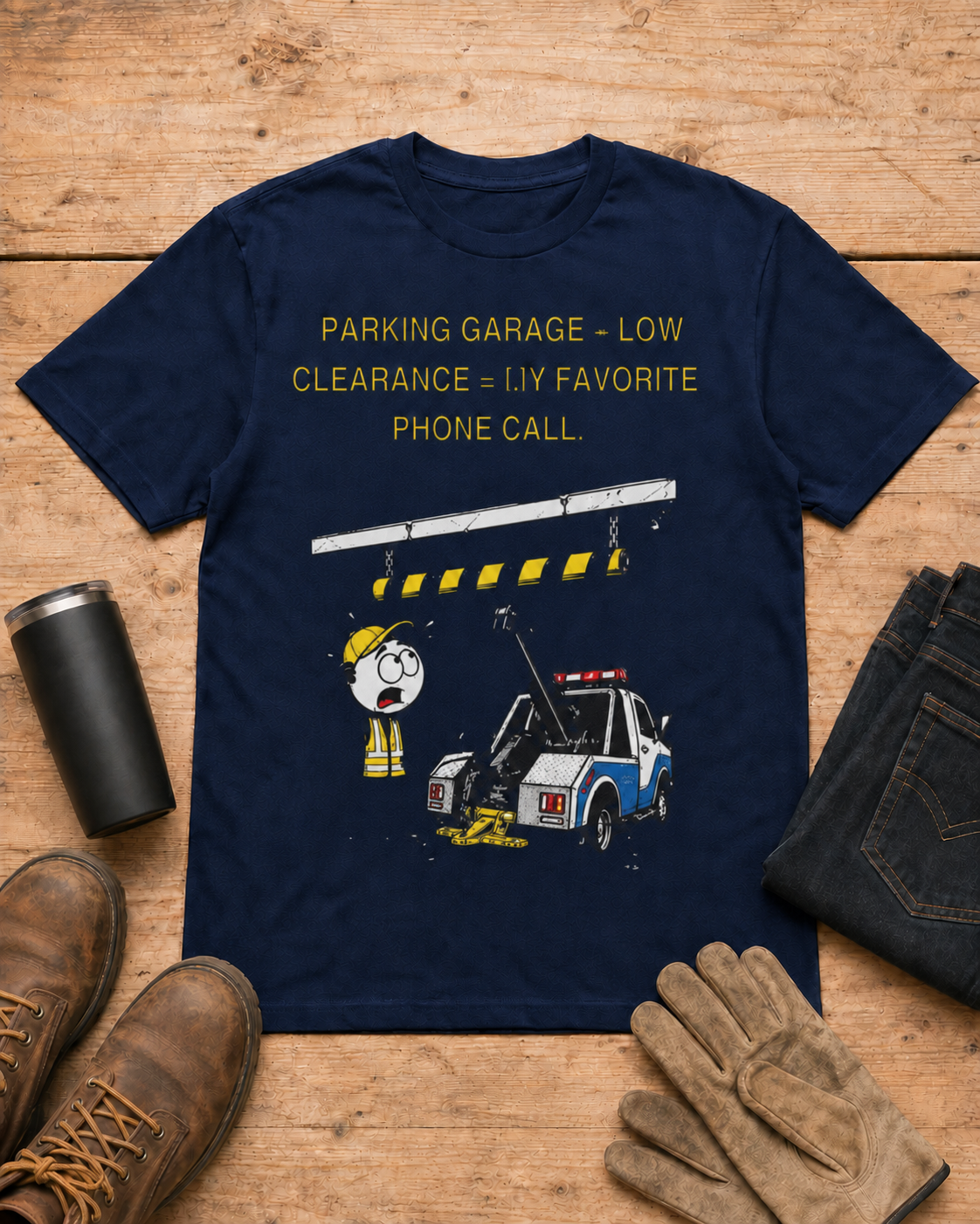 Parking Garage Low Clearance Tow Truck Driver T-Shirt in Navy workbench flat lay