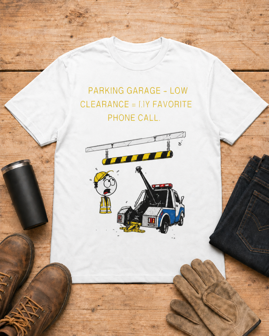 Parking Garage Low Clearance Tow Truck Driver T-Shirt in White workbench flat lay