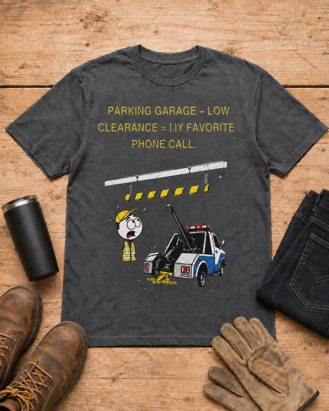 Parking Garage Low Clearance Tow Truck Driver T-Shirt in Dark Heather workbench flat lay