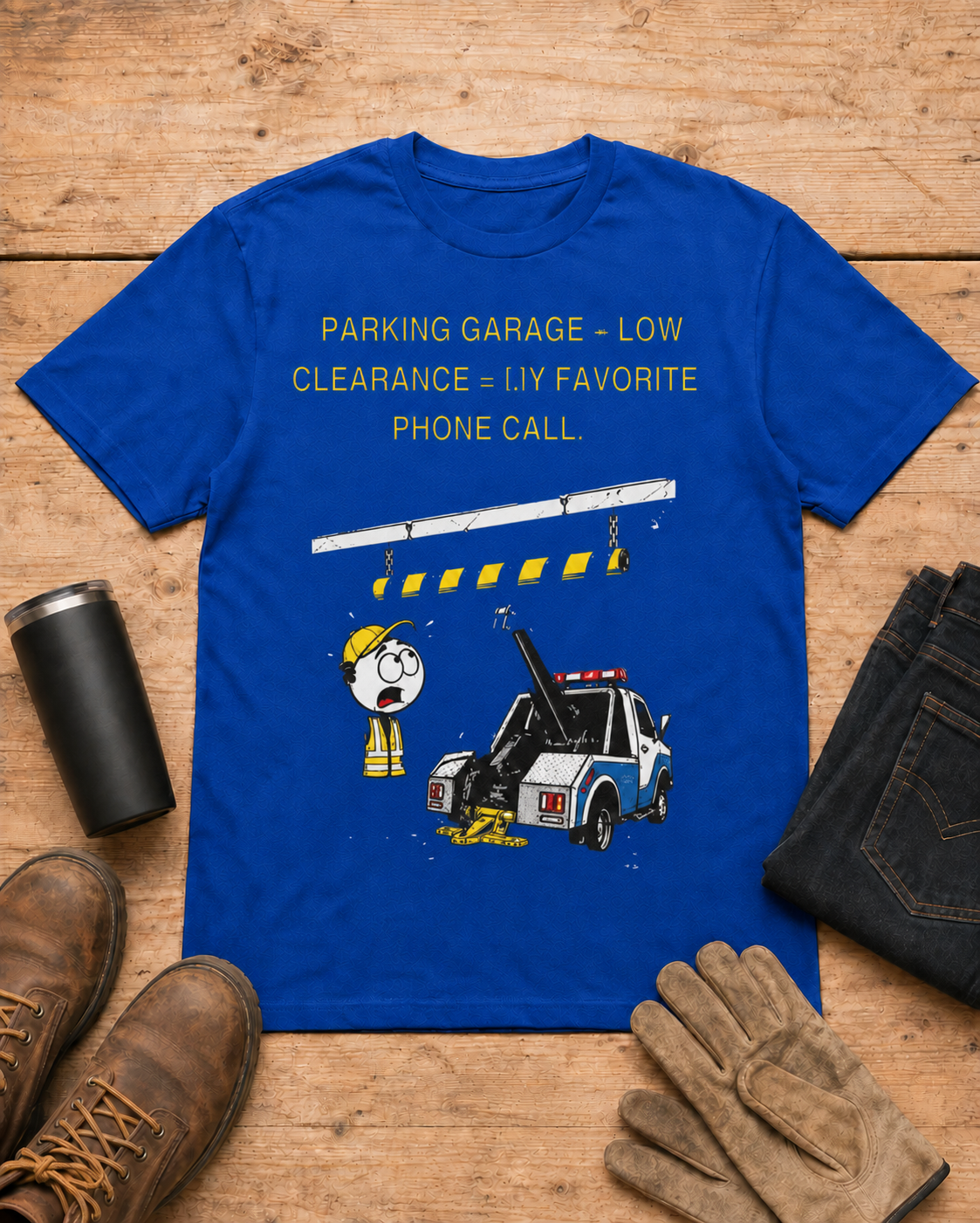 Parking Garage Low Clearance Tow Truck Driver T-Shirt in Royal Blue workbench flat lay