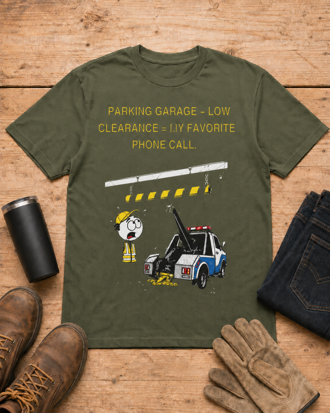 Parking Garage Low Clearance Tow Truck Driver T-Shirt in Military Green workbench flat lay